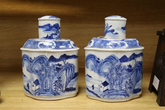 A pair of Chinese blue and white tea caddies height 19.5cm